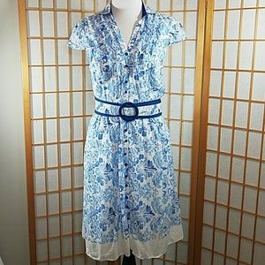 Blue and white shirt dress with belt